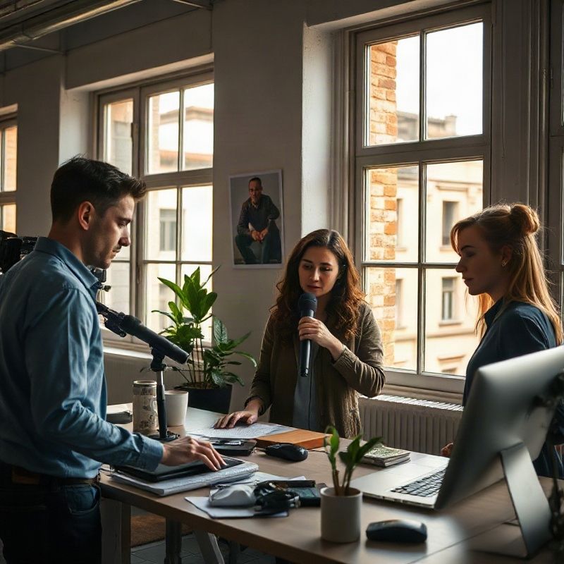 Equipo editorial de tres personas en su oficina de Mercedes