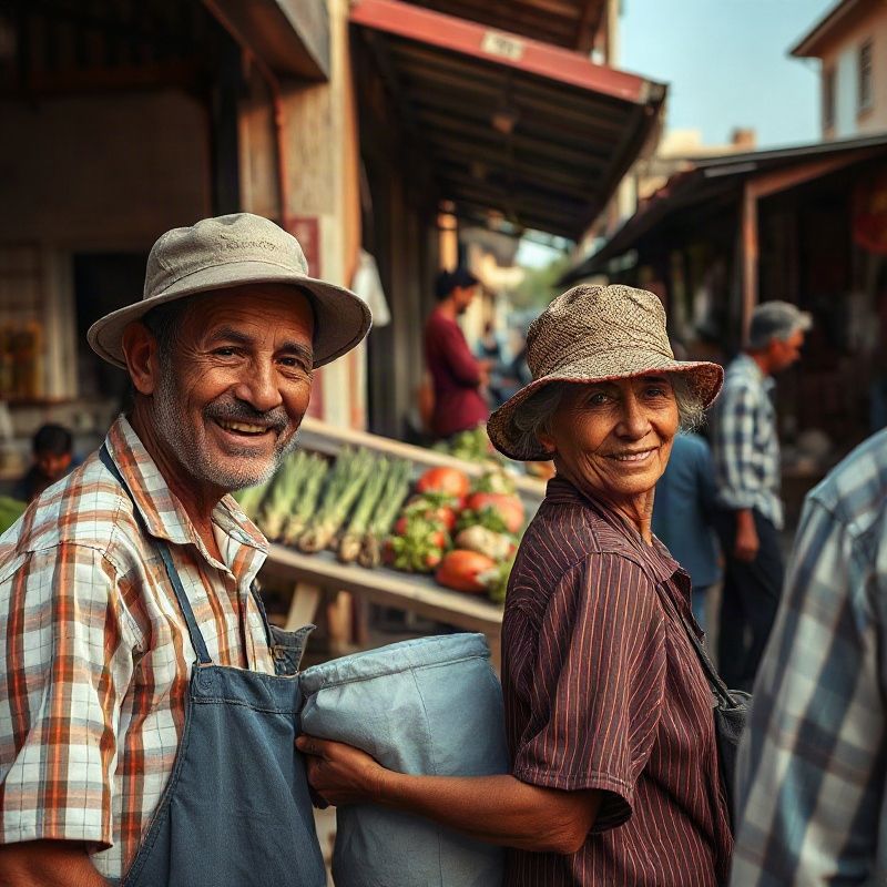 Feria al aire libre en una ciudad ribereña uruguaya, trabajadores informales bajo luz natural