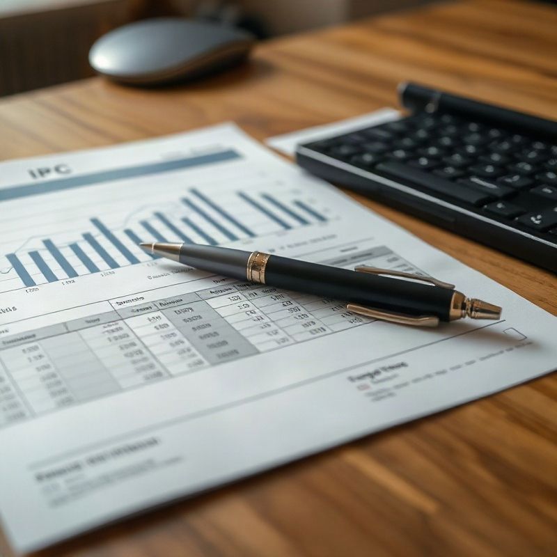 Tablas estadísticas de IPC y gráficos de inflación sobre un escritorio de madera